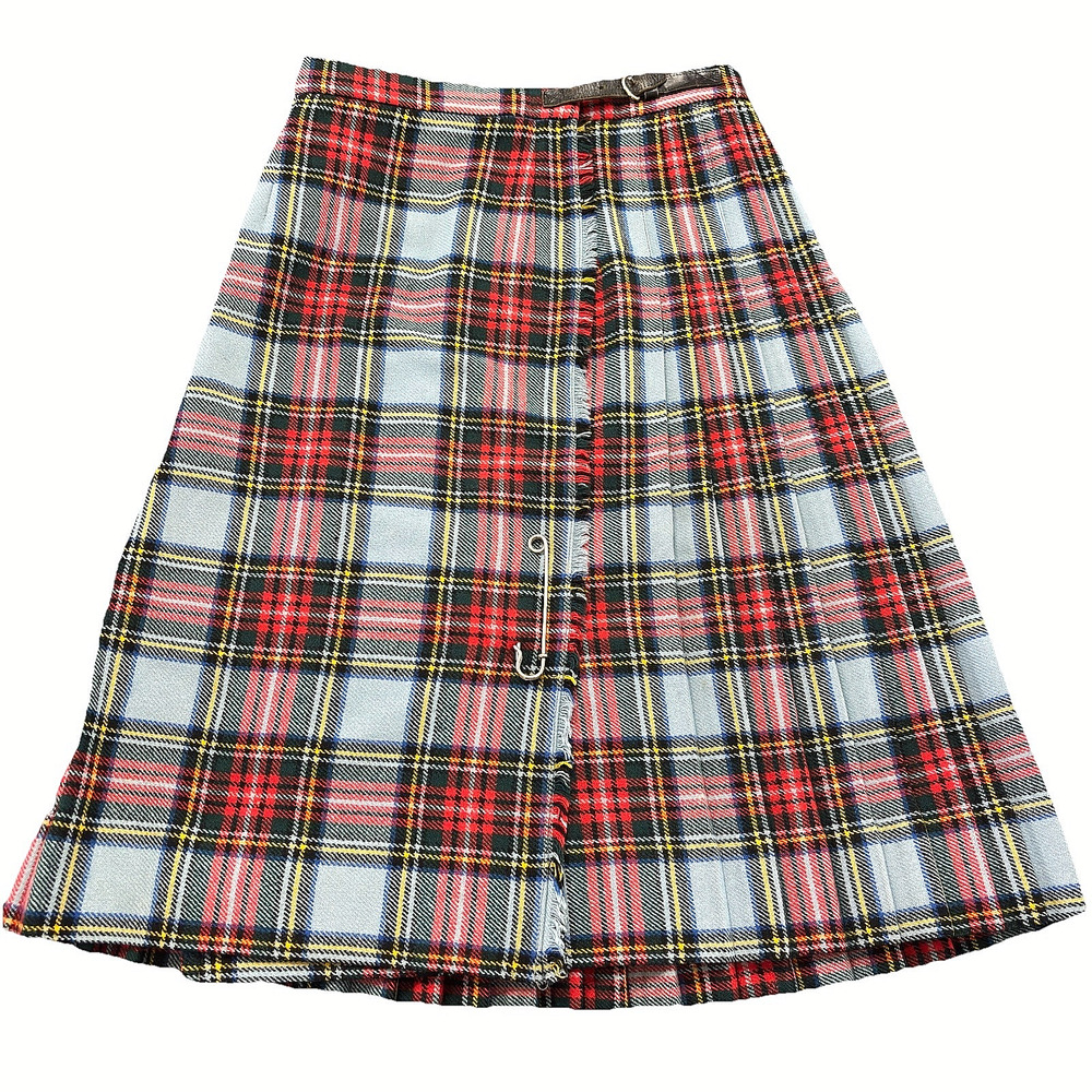 Vtg Womens Wool Plaid Kilt Wrap Skirt Sz Small Leather Buckle Midi Preppy Retro